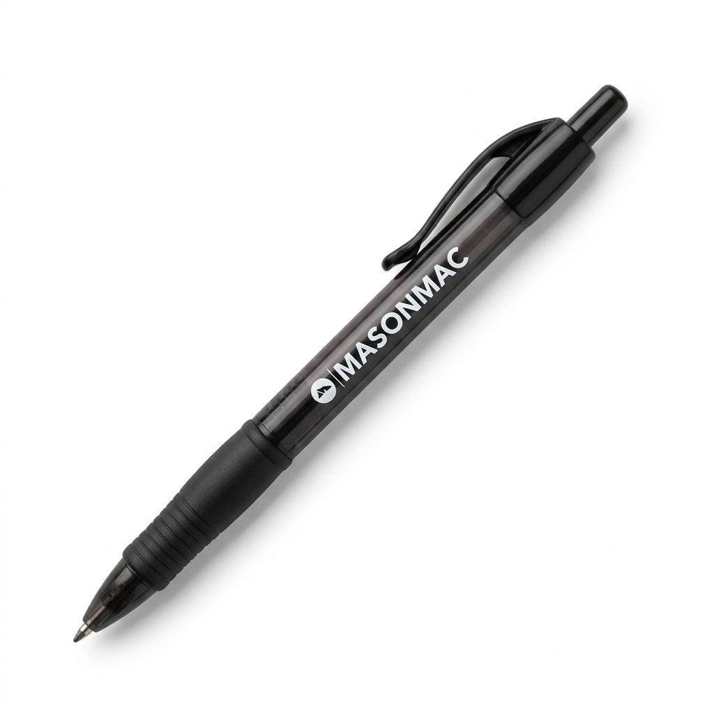 MasonMac translucent black click-action pen with rubber grip on a white background.