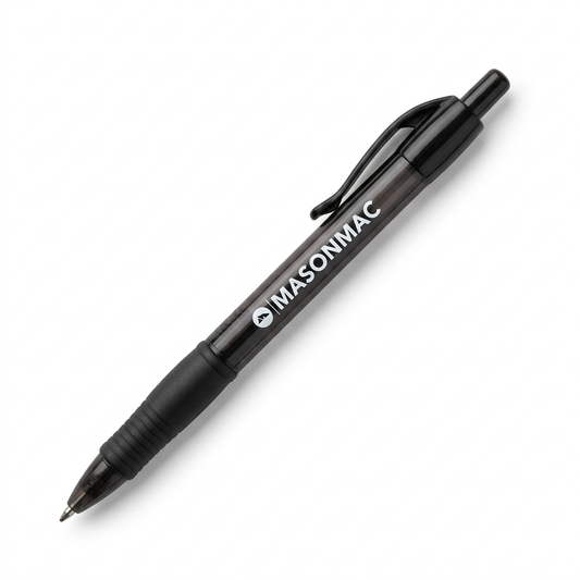 MasonMac translucent black click-action pen with rubber grip on a white background.